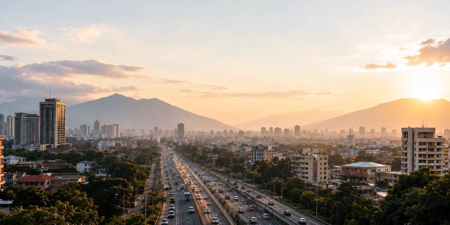 A city skyline and highway at golden hour