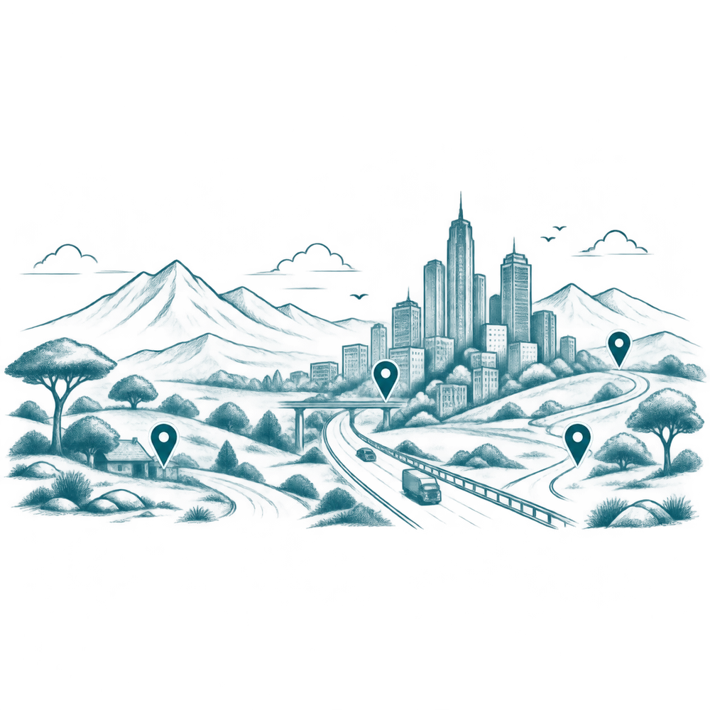 A hand-drawn scene of mountains, city streets and marked locations, representing Xignal's coverage across African terrain